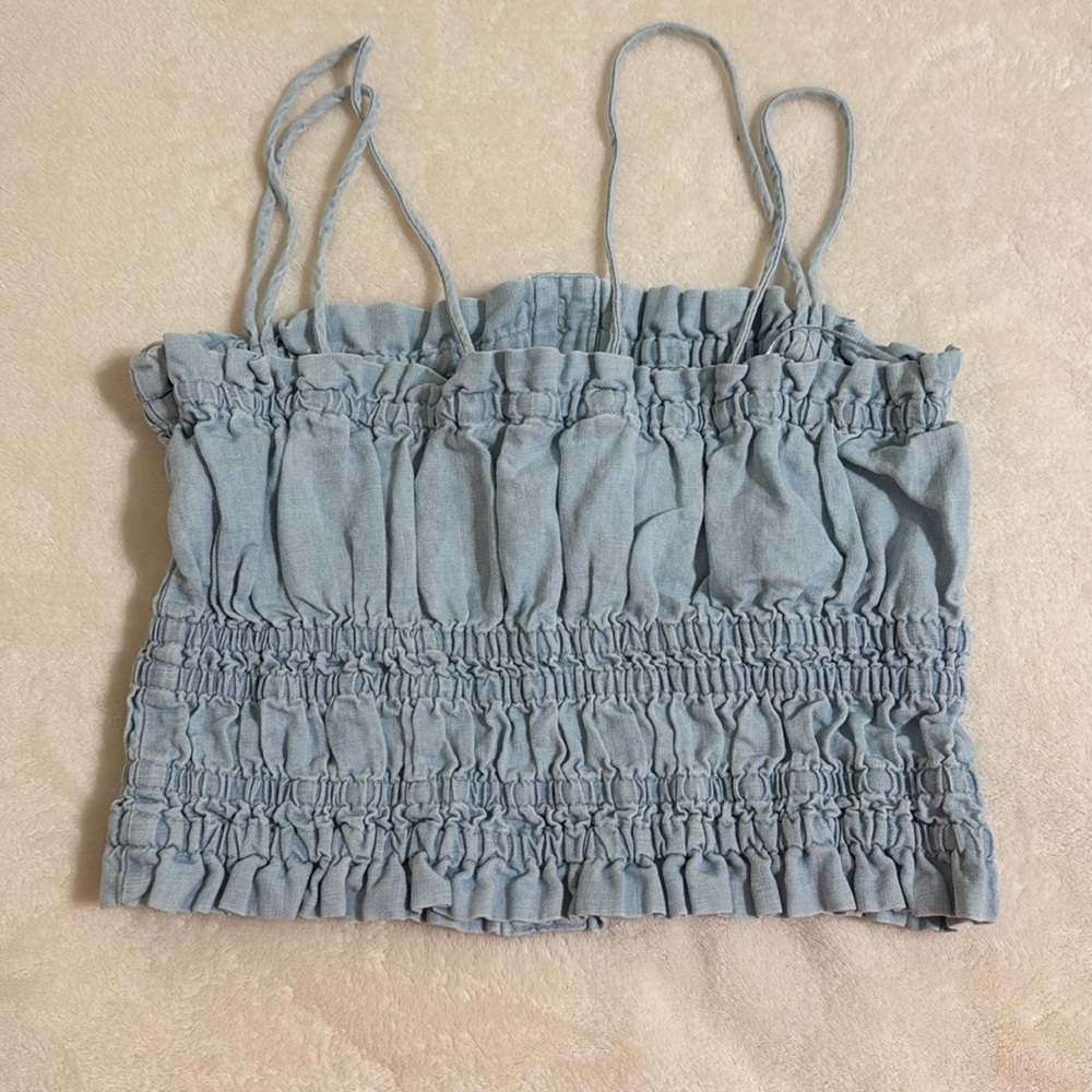 Zara Light Blue Linen Crop Top With Ruched Ruffle - Picture 3 of 3